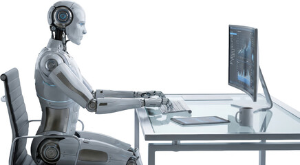 A sophisticated humanoid robot sits at a glass desk typing on a keyboard connected to a curved monitor displaying financial charts with a tablet and mug on the desk