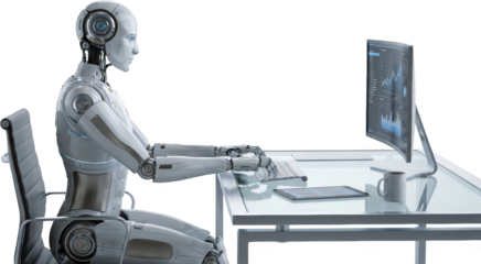 A sophisticated humanoid robot sits at a glass desk typing on a keyboard connected to a curved monitor displaying financial charts with a tablet and mug on the desk