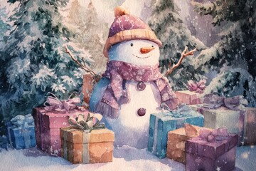 Watercolor New Year's illustration, a New Year's snowman with gifts. AI generative.