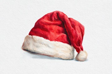 Watercolor Christmas illustration of a Santa Claus hat on a white background. AI generative.