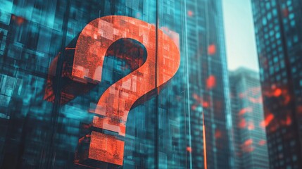 Modern question mark design reflects on towering city skyscrapers, suggesting uncertainty, decisions, and urban challenges, creating visual intrigue