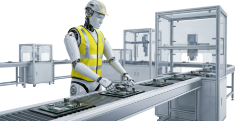 A humanoid robot in a yellow safety vest and hard hat works on a circuit board assembly line with automated machinery in the background manufacturing electronics