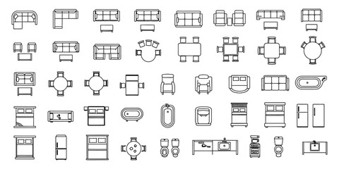 Furniture Floor Plan Symbols Top View Collection Interior Elements. Arrangement Living Room, Furniture Design. Bedroom, Furniture, Sanitary Appliances, Kitchen Fixtures, Outline Vector Illustration