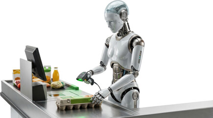 A white humanoid robot scans eggs at a supermarket checkout counter with groceries visible artificial intelligence AI grocery scanning cashier automation futuristic