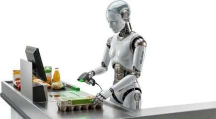 A white humanoid robot scans eggs at a supermarket checkout counter with groceries visible artificial intelligence AI grocery scanning cashier automation futuristic