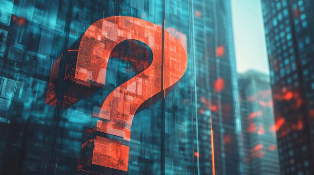 Modern question mark design reflects on towering city skyscrapers, suggesting uncertainty, decisions, and urban challenges, creating visual intrigue - Powered by Adobe