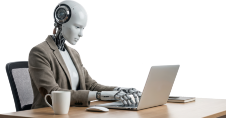A realistic humanoid robot wearing a brown blazer sits at a desk typing on a laptop computer with a white mug beside it Android Technology Future AI Artificial Intelligence