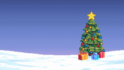Christmas Tree with Decorations and Gifts in Snowy Pixel Art Landscape