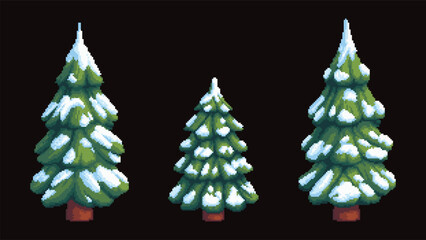 Snowy Pine Trees Pixel Art Set on Dark Background