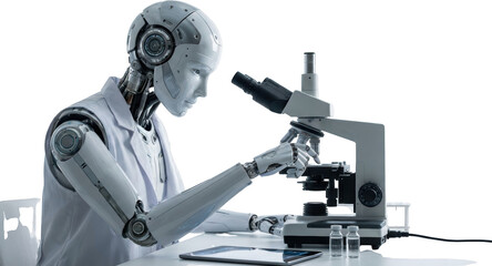 A humanoid robot scientist in a lab coat examines samples using a microscope with a tablet and vials on the desk laboratory research technology automation artificial intelligence