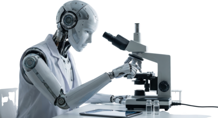 A humanoid robot scientist in a lab coat examines samples using a microscope with a tablet and vials on the desk laboratory research technology automation artificial intelligence