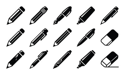 Stationery icons set. Education and office tools collection. Writing and drawing instruments symbol.