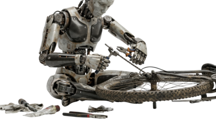Anthropomorphic robot with metallic and carbon fiber body performing bicycle maintenance using tools and grease android artificial intelligence machine mechanical