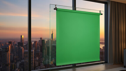 Green screen setup over urban sunset skyline