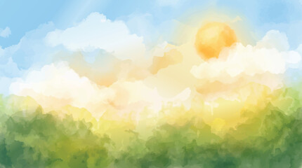 Sunny watercolor landscape. Bright sky with clouds. Green trees and plants artwork.