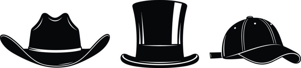 Black Silhouette Vector of Cowboy Hat, Top Hat, and Baseball Cap Isolated on White Background for Fashion and Culture Themes
