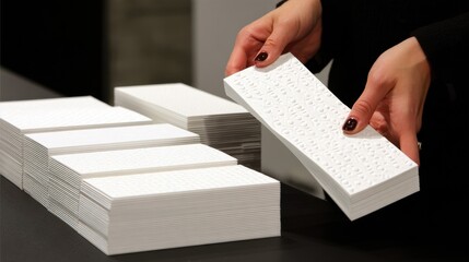Closeup on hands selecting textured business cards with embossed patterns highlighting tactile quality and sophisticated design in a professional studio.