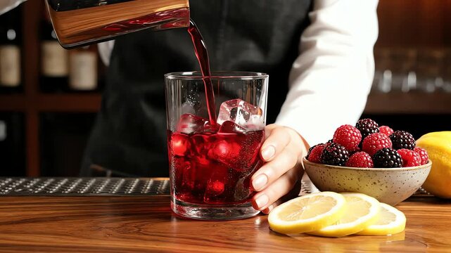 The Bartender Pours Thick Berry Syrup into a Glass to Make Berry Lemonade, Showing the Sweetening and Flavoring Step.