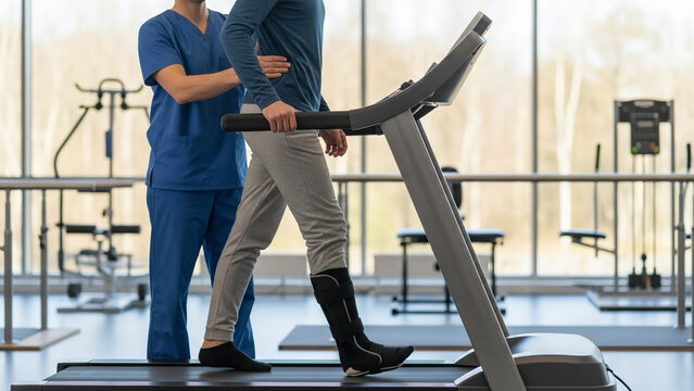 Physical therapist assisting patient with leg brace on treadmill for rehabilitation, showcasing recovery and care in a modern clinic setting