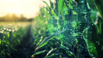 Discover smart agriculture with advanced technology enhancing crop yields in vibrant green fields at sunset, creating a sustainable food future