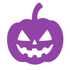 A purple halloween pumpkin with a carved face and stem on a white background in a simple vector style