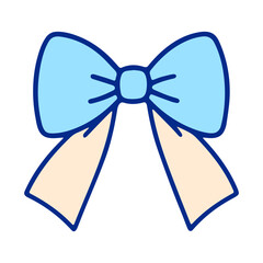 Illustration of a light blue bow with dark blue outlines and light tan ribbon tails on a white background
