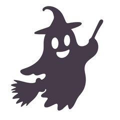 A cartoon ghost wearing a witch hat holding a wand and a broom for halloween celebration design