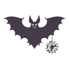 Cartoon bat with pointy ears and a wide smile hanging a spiderweb for halloween decoration design theme