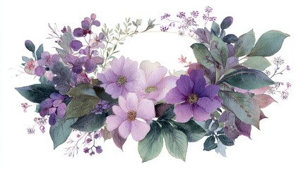 Soft purple blooms border framed by green leaves in watercolor painting