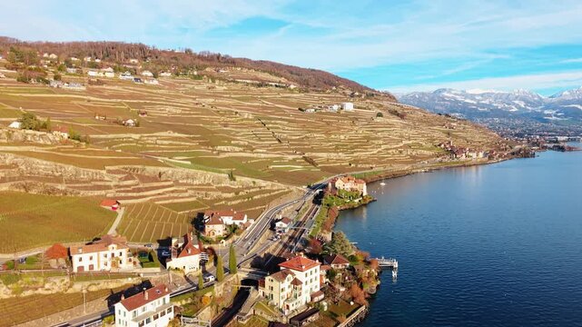 Aerial view of Glerolles Castle nestled by the serene lake, with vineyards cascading down the slopes under a clear sky, Saint-Saphorin, Vaud, Switzerland.