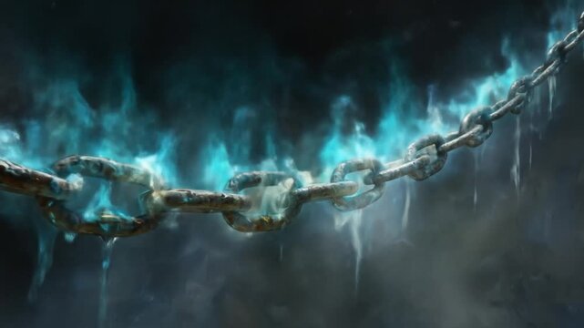 Close up of a burning chain with blue flames and dark background