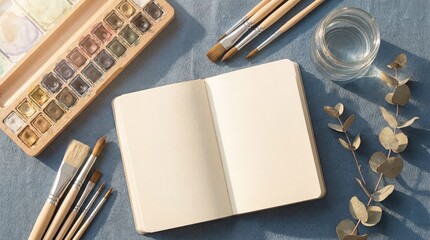 Art Supplies Flat Lay with Sketchbook and Watercolors