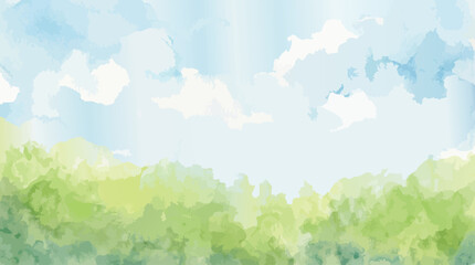 Watercolor nature scene. Blue sky with clouds. Green hills landscape. Abstract artwork.