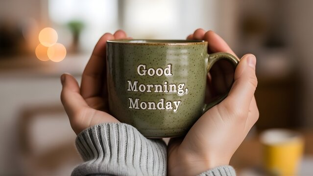 Cozy Monday Morning Inspiration: Person Holding Ceramic Mug with "Good Morning, Monday" Text