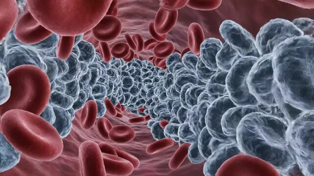 Flowing Red Blood Cells and Virus Particles Moving Through Bloodstream