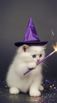 Wei&szlig;es flauschiges Kitten als Zauberer