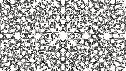 Intricate geometric pattern with star and polygon shapes in black and white repetitive design