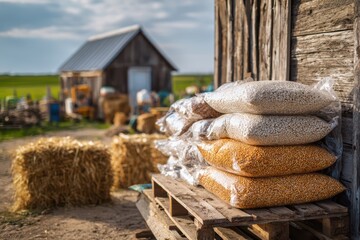 Fototapeta premium Stacked feed bags of grain for chickens at a rural farm setting