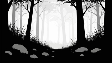 Dark silhouettes of trees grass and rocks in a mysterious forest.