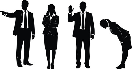 Business silhouettes showing assertive, contemplative, greeting, and respectful gestures for professional communication, leadership, teamwork, and corporate behavior themes.