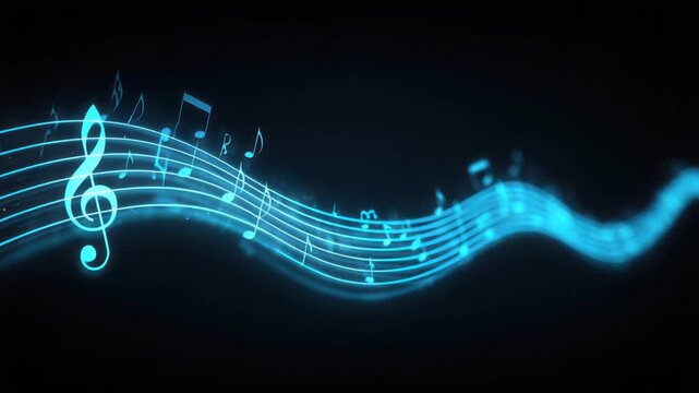 Glowing blue musical notes and staves on a black background, conveying a sense of rhythm