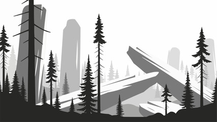 Monochromatic Forest Landscape with Tall Pine Trees and Abstract Shapes.