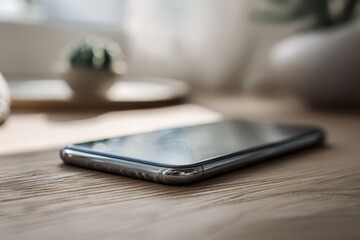 Still life of a single smartphone on a wooden desk with soft shadows