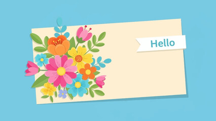 Hello greeting card with floral design featuring colorful flowers and a simple 