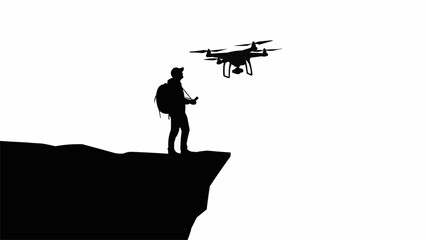 Silhouette of a person controlling a drone on a cliff edge.