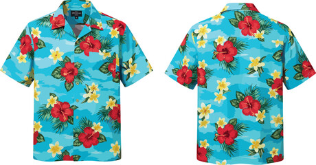 Bright tropical Hawaiian shirt with red hibiscus, yellow plumeria, and green palm leaves on vivid blue background for summer fashion design