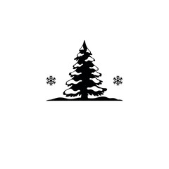 Snowy Pine Tree with Snowflakes Black and White Illustration.