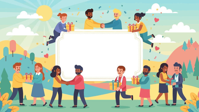 A vibrant illustration of a diverse community sharing gifts and celebrating together under a sunny sky with a banner