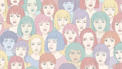 Diverse group of women with various hairstyles and expressions, a collective portrait.