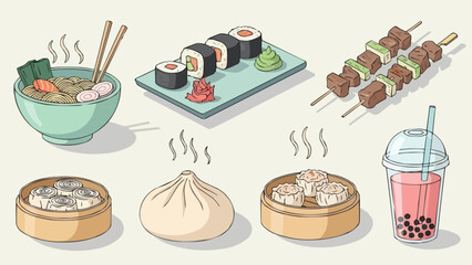 Isometric collection of various delicious Asian food dishes.